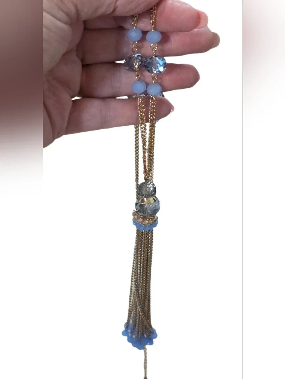 Gold Tassel Pendant Necklace with Periwinkle Blue Beads